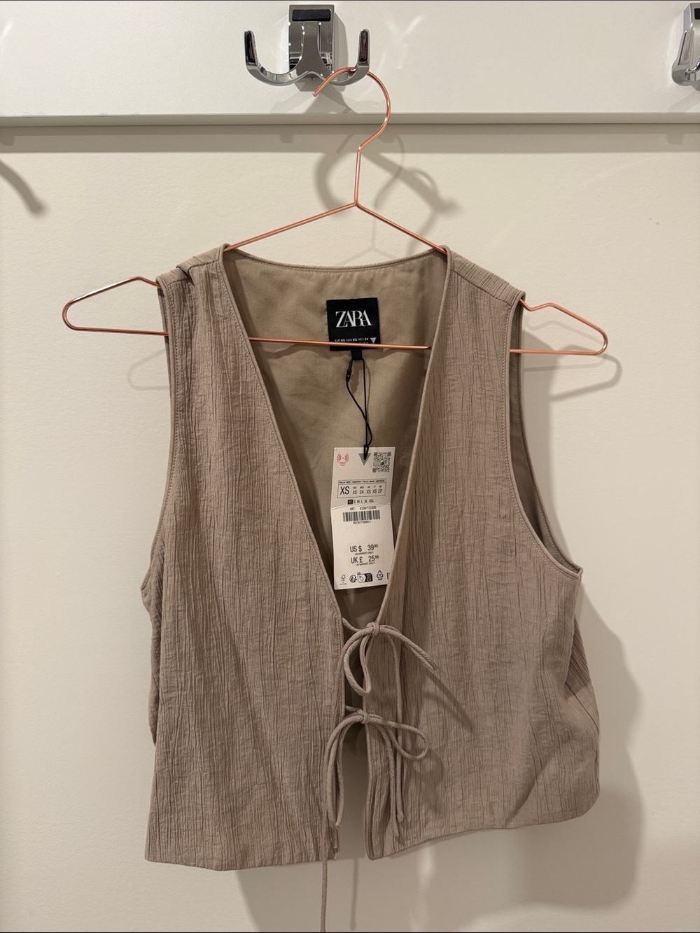 Zara Beige Taupe Tie-Front Cropped Vest